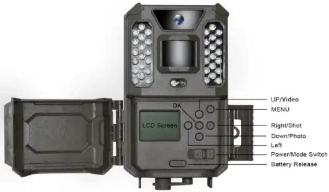 UP/Video MENU Right/Shot Down/Photo Left Power/Mode Switch Battery Release LCD Screen OK