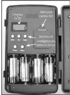 Display LCD Slot para cartão SD Borões de configuração, menu e longa