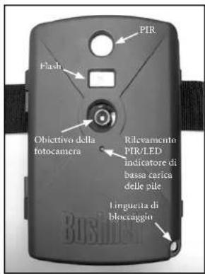 PIR Flash Obiettivo della fotocamera Rilevamento PIR/LED indicator di bassa carica delle pile Linguata di bloccaggio Bushier