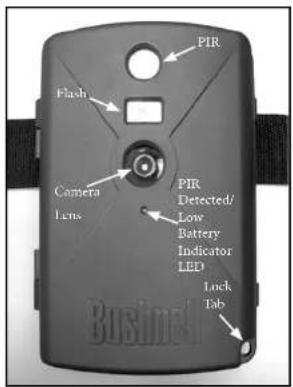 PIR Flash Camera Lens PIR Detected/ Low Battery Indicator LED Lock Tab Bushnell