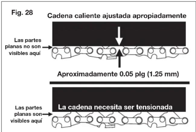 Fig. 28 Cadena caliente ajustada apropiadamente Las partes planas no son visibles aquí Aproximadamente 0.05 plag (1.25 mm) Las partes planas son visibles aquí La cadena necesita ser tensionada