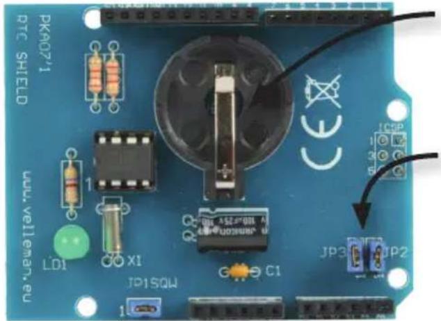 PKA07'1 RTC SHIELD LD1 X1 JP1SQW C1 CE ICSP JP3 JP2 www.velleman.eu