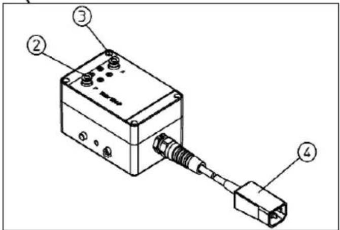 Technical diagram of an electronic device with labeled components including a connector and ports