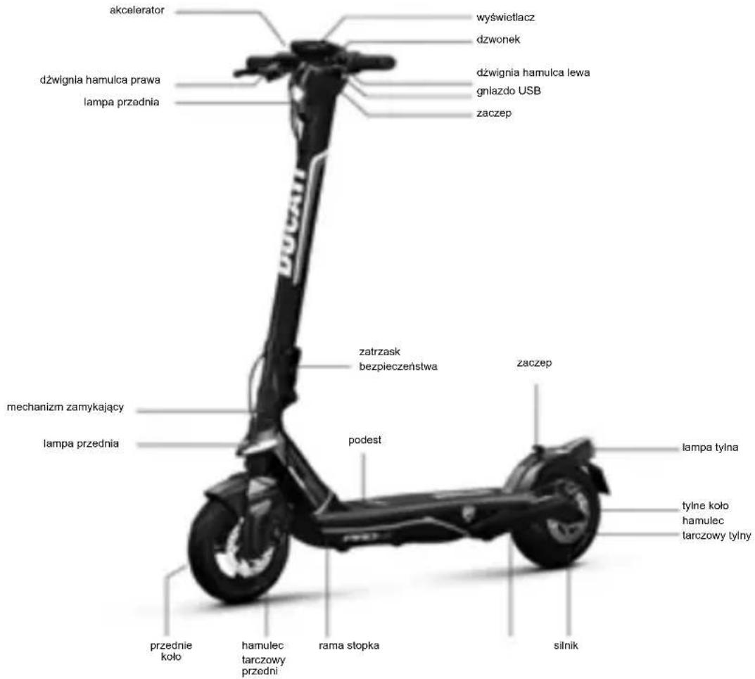 akcelerator dźwignia hamulca prawa lampa przednia wyświetlacz dzwonek dźwignia hamulca lewa gniazdo USB zaczep zatrzask bezpieczeństwa zaczep mechanizm zamykający lampa przednia podest przednie koło hamulec tarczowy przedni rama stopka silnik tyline koło hamulec tarczowy tylny lampa tylna