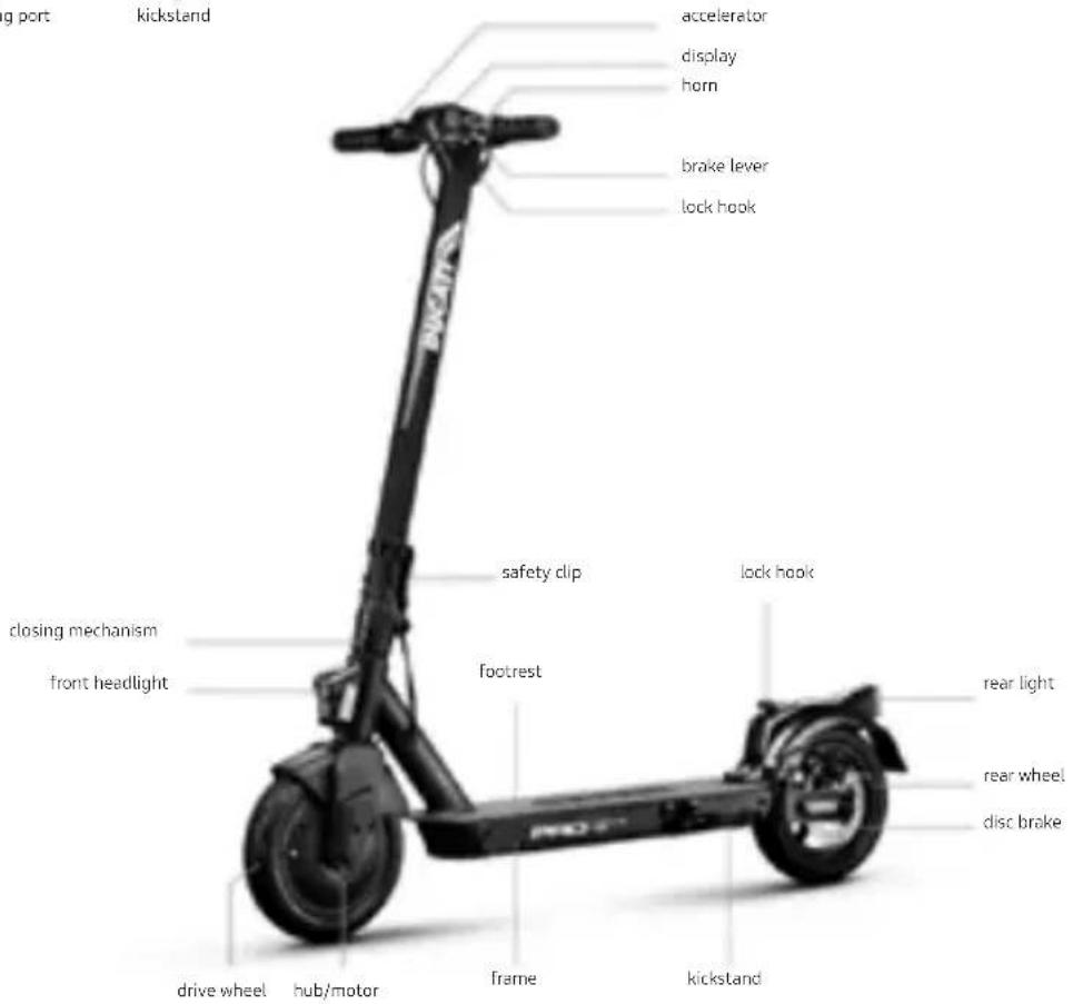 wing port kickstand accelerator display horn brake lever lock hook closing mechanism front headlight safety clip footrest lock hook rear light rear wheel disc brake drive wheel hub/motor frame kickstand