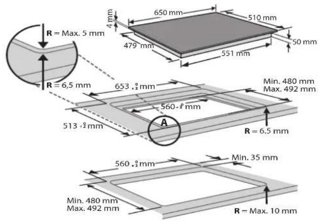 R = Max. 5 mm 4 mm 650 mm 510 mm 479 mm 50 mm 551 mm R = 6,5 mm 653,2 mm Min. 480 mm Max. 492 mm 560-2 mm A 513+2 mm R = 6,5 mm 560,2 mm Min. 35 mm Min. 480 mm Max. 492 mm R = Max. 10 mm