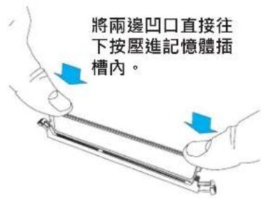 將兩邊凹口直接往下按壓進記憶體插槽內。