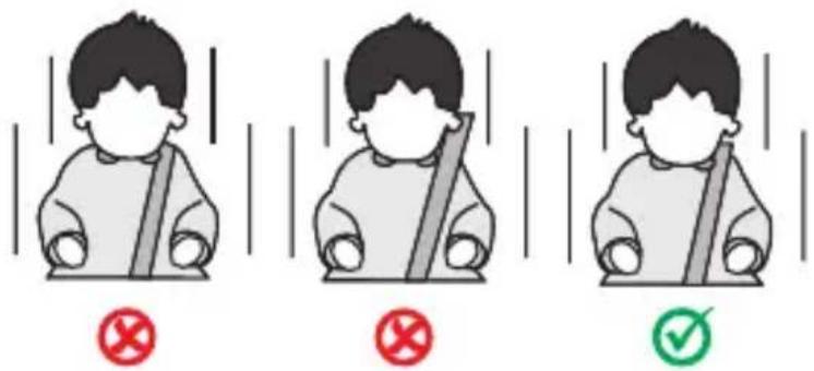 Three illustrated scenarios showing a person with a seatbelt, marked with red X and green check symbols indicating absence or compliance.