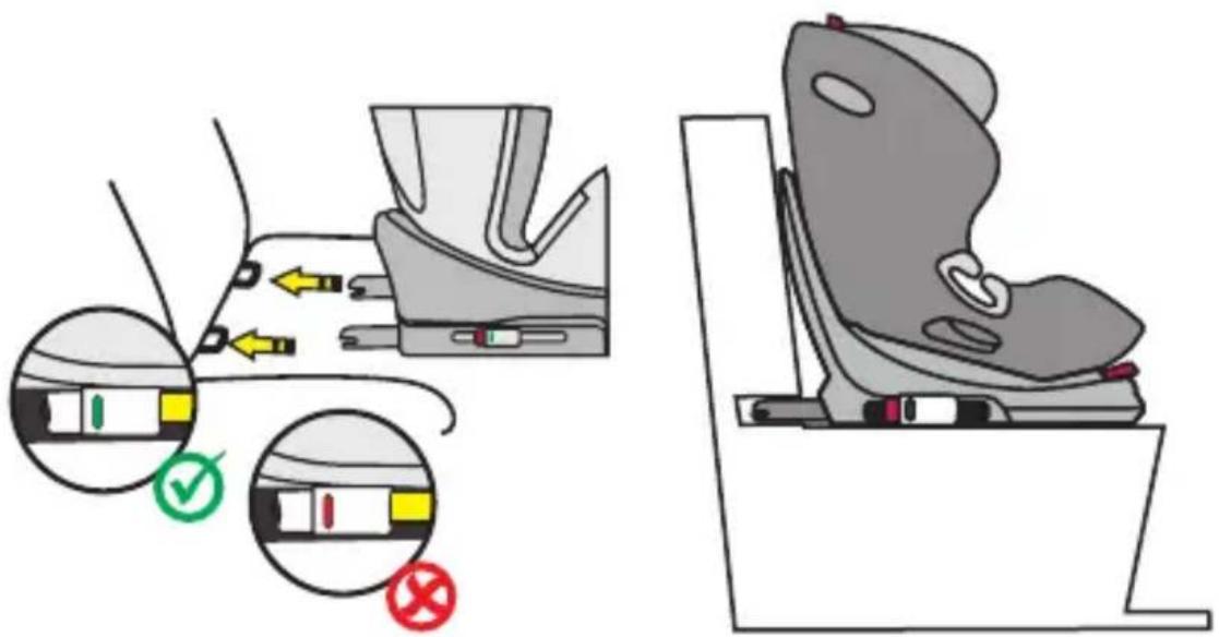 Diagram illustrating seatbelt usage and safety check icons, showing car seat positioning and safety indicators.