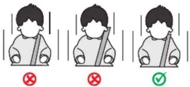 Three illustrated scenarios showing a person wearing a seatbelt with checkmarks indicating rejection or absence, each marked with a red X and green checkmark.