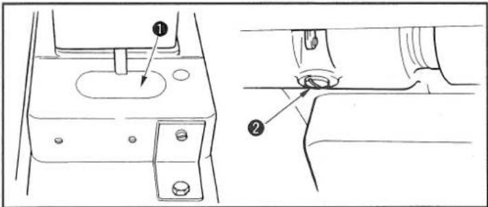 Technical diagram showing two views of a mechanical component with labeled parts ① and ②