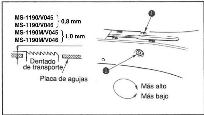 MS-1190/V045 MS-1190/V046} 0,8 mm MS-1190M/V045 MS-1190M/V046} 1,0 mm Dentado de transporte Placa de agujas ① ② Más alto Más bajo