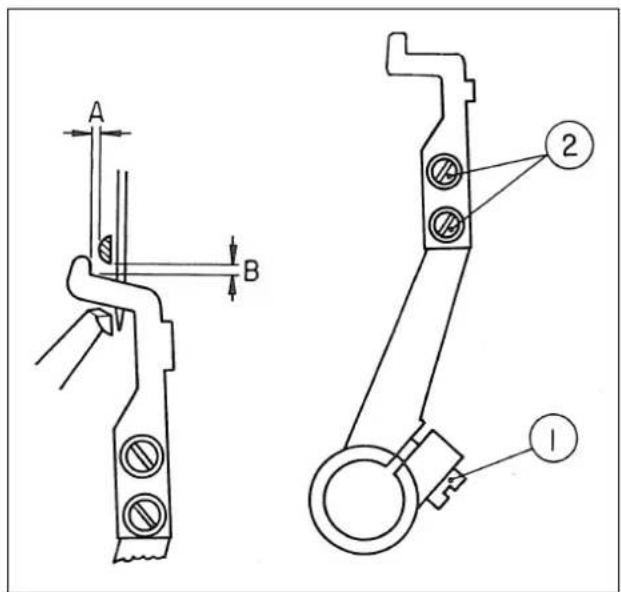 Technical diagram showing two mechanical or electrical component configurations with labeled parts A, B, and numbered parts 1 and 2.