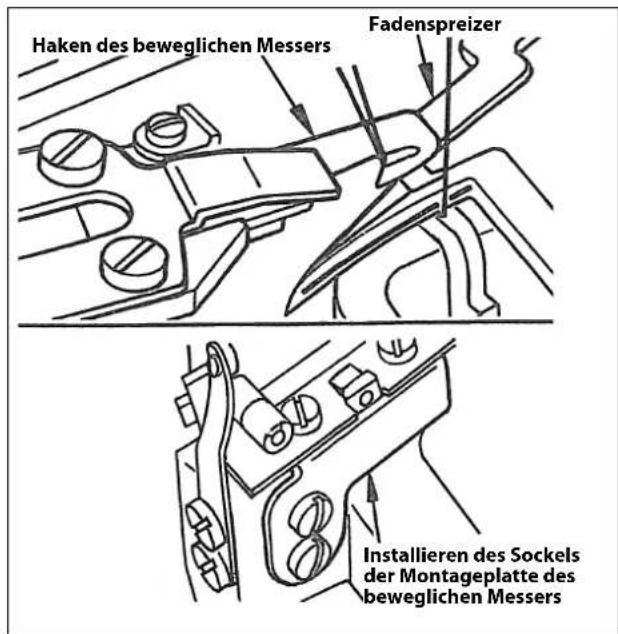 Haken des beweglichen Messers Fadenspreizer Installieren des Sockels der Montageplatte des beweglichen Messers