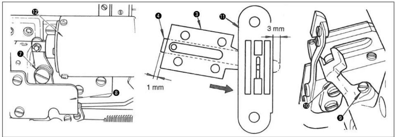 Technical diagram showing mechanical assembly steps with numbered components and dimension annotations