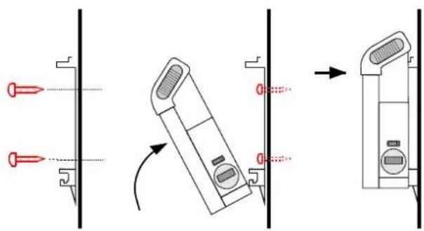 Diagram illustrating a mechanical device with pin alignment and rotation, showing three sequential states of movement.