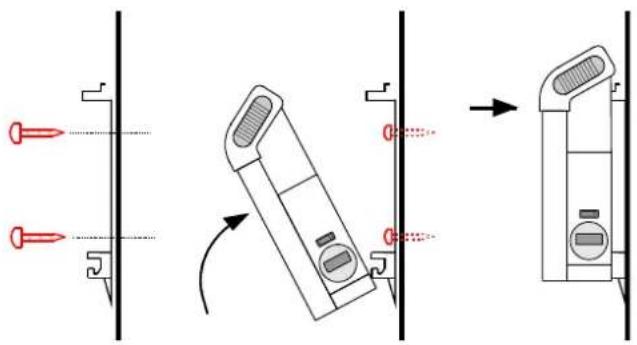 Diagram illustrating the process of mounting a wall-mounted device, showing pin positioning and adjustment mechanism.