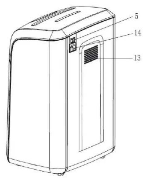 Technical line drawing of a portable air purifier with labeled components 5, 14, and 13