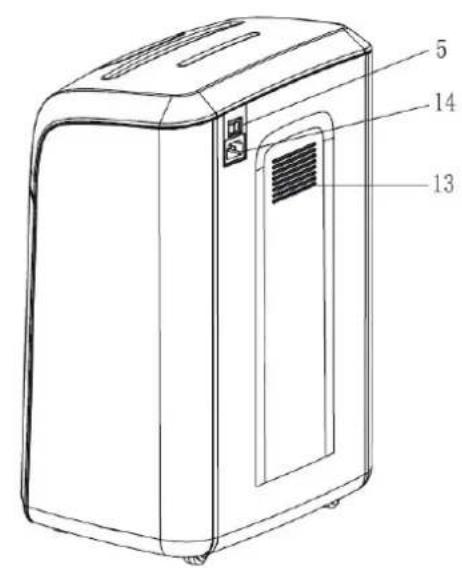 Technical line drawing of a portable air purifier with labeled components 5, 14, and 13