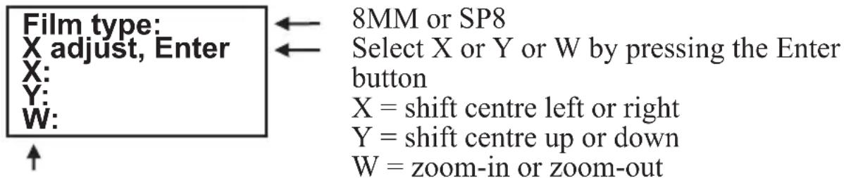 Film type: X adjust, Enter X: Y: W: ↑ ← 8MM or SP8 ← Select X or Y or W by pressing the Enter button X = shift centre left or right Y = shift centre up or down W = zoom-in or zoom-out