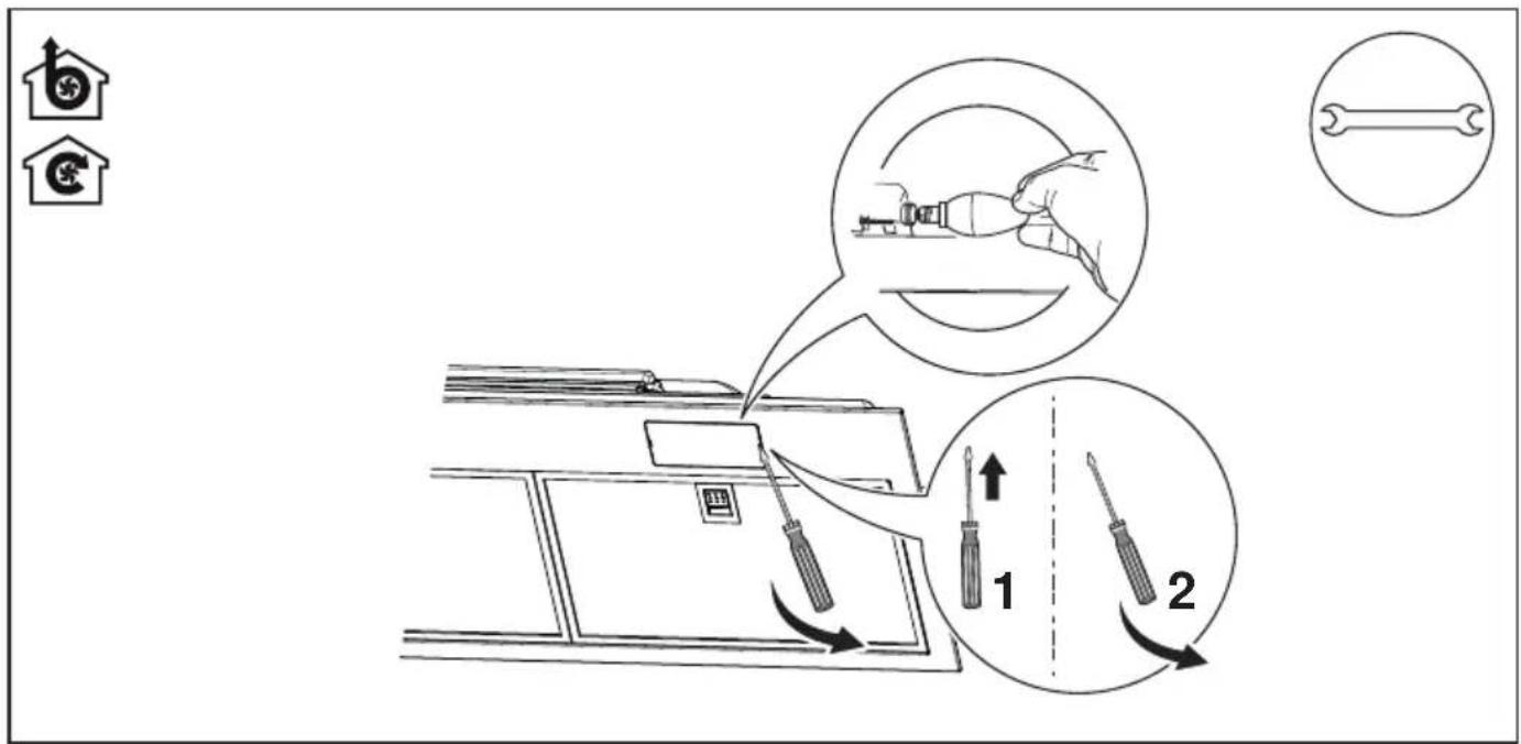 Diagram illustrating screwdriver tool application process with labeled steps 1 and 2, showing tool path and component placement.