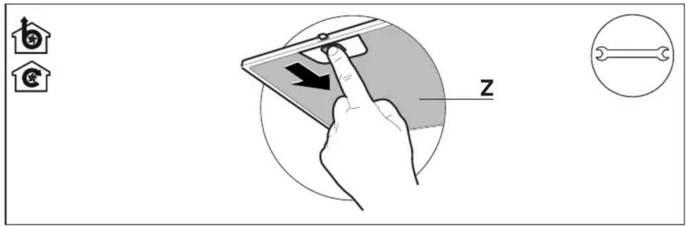 Diagram illustrating a hand interacting with a device labeled 'z', accompanied by icons for home, home, and wrench.