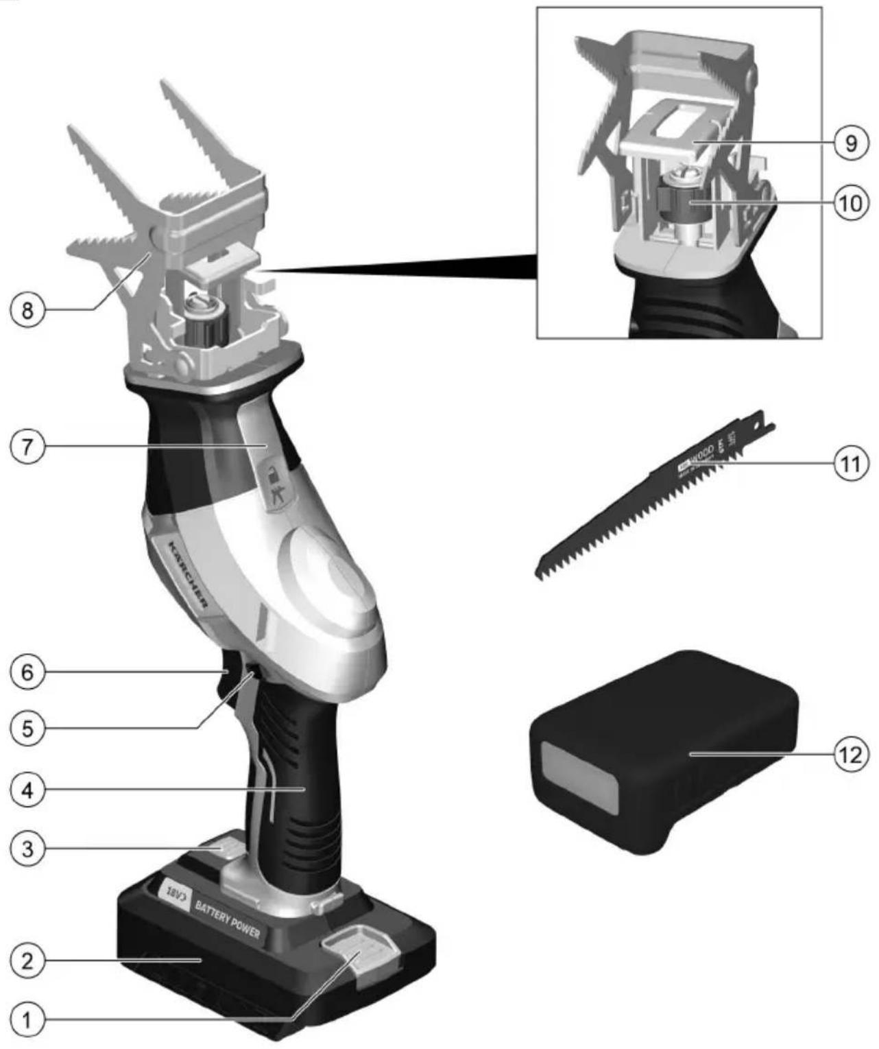 Labeled diagram of a battery power tool with numbered parts and internal components shown in views