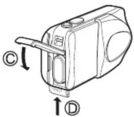 OLYMPUS Camedia X200 - Close the battery compartment cover, then press it down Ⓒ and slide it in the direction shown Ⓓ. - 1