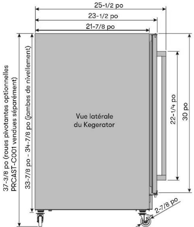 25-1/2 po 23-1/2 po 21-7/8 po 37-3/8 po (roues pivotantes optionnelles PRCAST-C001 vendues séparément) Vue latérale du Kegerator 33-7/8 po - 34-7/8 po (jambes de nivellement) 22-1/4 po 30 po 2-7/8 po