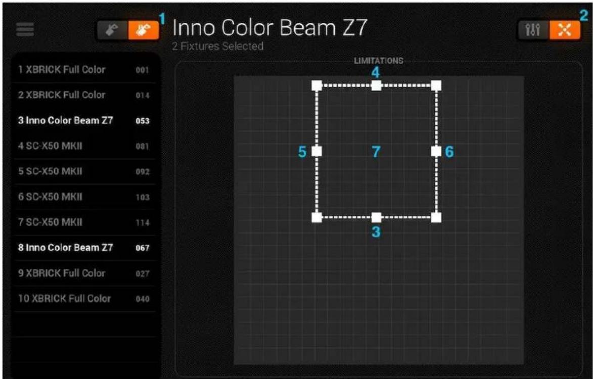 1 Inno Color Beam Z7 2 Fixtures Selected 1 XBRICK Full Color 001 2 XBRICK Full Color 014 3 Inno Color Beam Z7 053 4 SC-X50 MKII 081 5 SC-X50 MKII 092 6 SC-X50 MKII 103 7 SC-X50 MKII 114 8 Inno Color Beam Z7 067 9 XBRICK Full Color 027 10 XBRICK Full Color 040 LIMITATIONS 4 5 7 6 3