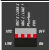 MIC 3 / LINE 2 MIC 2 / LINE 1 Phantom VOX MIC OFF LINE ON