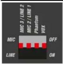 MIC 3 / LINE 2 MIC 2 / LINE 1 Phantom VOX MIC OFF LINE ON