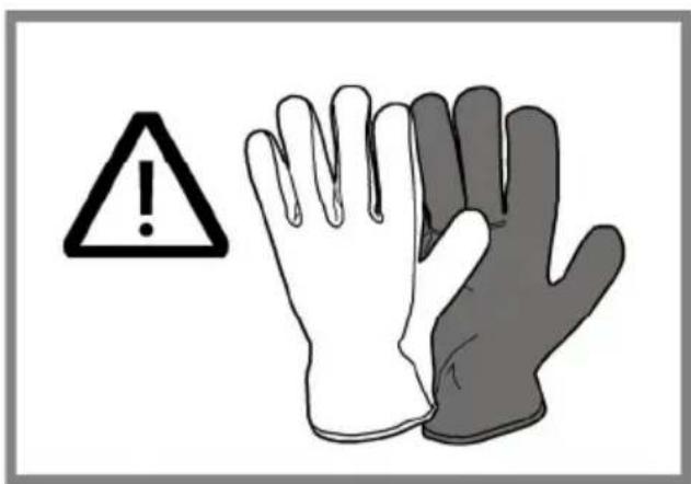 Warning symbol and two gloves illustration with exclamation mark