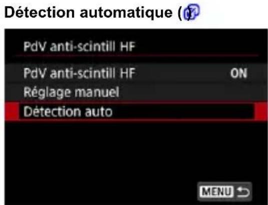 Détection automatique (☑) PdV anti-scintill HF PdV anti-scintill HF ON Réglage manuel Détection auto MENU ↗