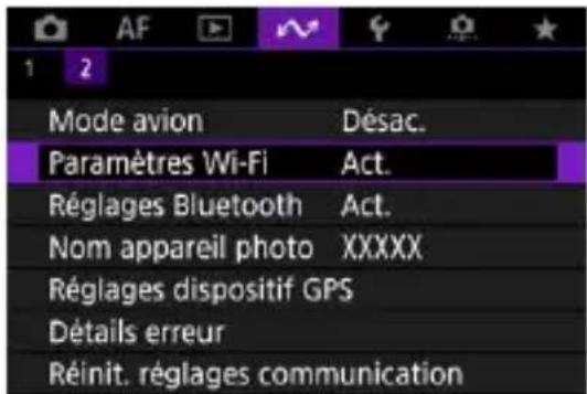 AF 1 2 Mode avion Désac. Paramètres Wi-Fi Act. Réglages Bluetooth Act. Nom appareil photo XXXXX Réglages dispositif GPS Détails erreur Réinit. réglages communication