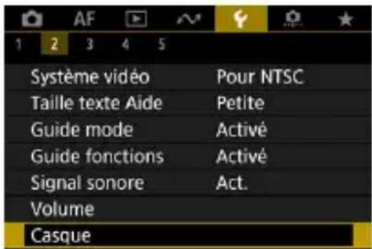 Système vidéo Taille texte Aide Guide mode Guide fonctions Signal sonore Volume Casque Pour NTSC Petite Activé Activé Act.