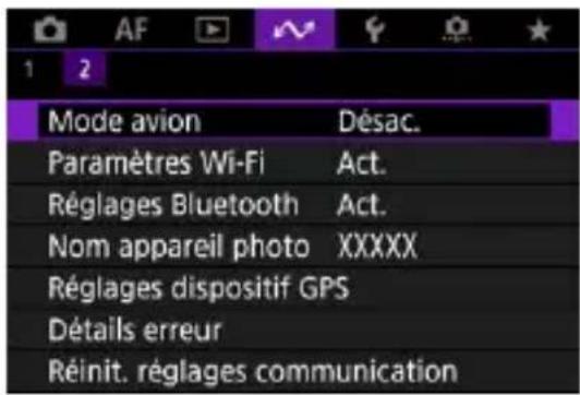 Mode avion Paramètres Wi-Fi Réglages Bluetooth Nom appareil photo Réglages dispositif GPS Détails erreur Réinit. réglages communication