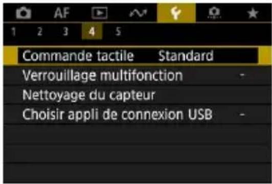 Commande tactile Standard Verrouillage multifonction - Nettoyage du capteur Choisir appli de connexion USB -
