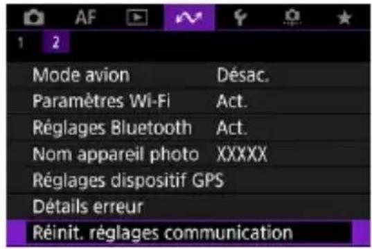 AF 1 2 Mode avion Désac. Paramètres Wi-Fi Act. Réglages Bluetooth Act. Nom appareil photo XXXXX Réglages dispositif GPS Détails erreur Réinit. réglages communication