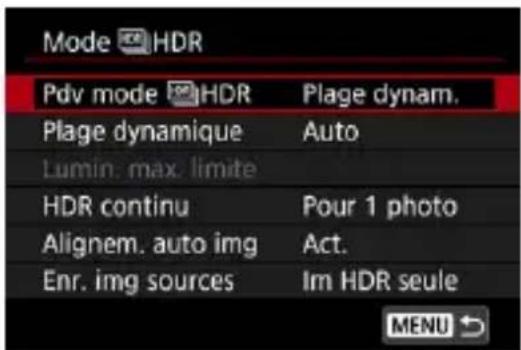 Mode HDR Pdv mode HDR Plage dynam. Plage dynamique Auto Lumin: max. limite HDR continu Pour 1 photo Alignem. auto img Act. Enr. img sources Im HDR seule MENU ↗