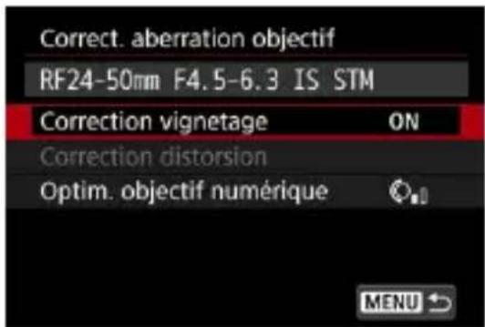 Correct. aberration objectif RF24-50mm F4.5-6.3 IS STM Correction vignetage ON Correction distorsion Optim. objectif numérique