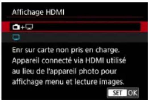 Affichage HDMI Enr sur carte non pris en charge. Appareil connecté via HDMI utilisé au lieu de l'appareil photo pour affichage menu et lecture images. SET OK