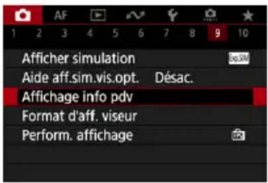 Afficher simulation Aide aff.sim.vis.opt. Désac. Affichage info pdv Format d'aff. viseur Perform. affichage