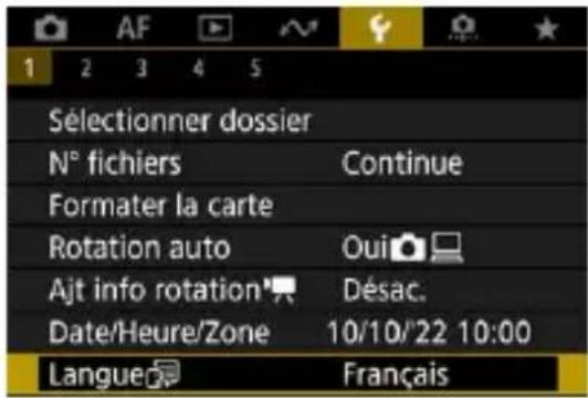 1 2 3 4 5 Sélectionner dossier N° fichiers Continue Formater la carte Rotation auto Oui Ajt info rotation Désac. Date/Heure/Zone 10/10/22 10:00 Langue Français
