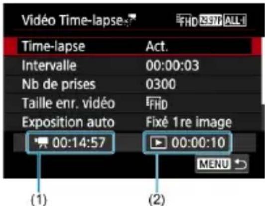 Vidéo Time-lapse Time-lapse Act. Intervalle 00:00:03 Nb de prises 0300 Taille enr. vidéo ###FHD Exposition auto Fixé 1re image 00:14:57 00:00:10 (1) (2) MENU