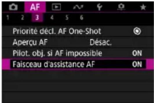 AF Priorité décl. AF One-Shot Aperçu AF Désac. Pilot. obj. si AF impossible ON Faisceau d'assistance AF ON