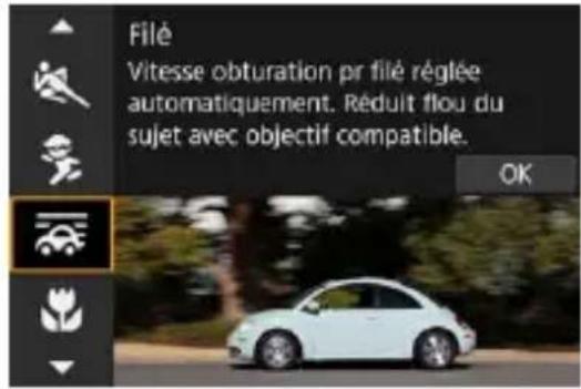 Filé Vitesse obturation pr filé réglée automatiquement. Rèduit flou du sujet avec objectif compatible. OK