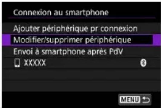 Connexion au smartphone Ajouter périphérique pr connexion Modifier/supprimer périphérique Envoi à smartphone après PdV XXXXX