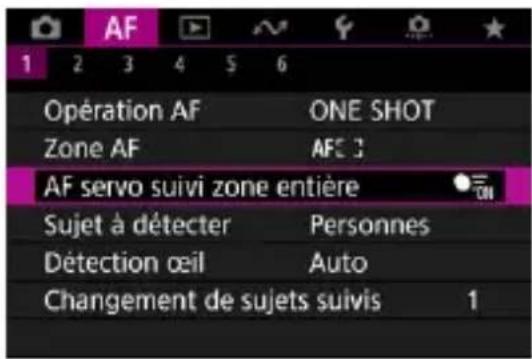 AF 1 2 3 4 5 6 Opération AF ONE SHOT Zone AF AFC AF servo suivi zone entière Sujet à détecter Personnes Détection œil Auto Changement de sujets suivis 1