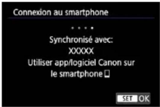 Connexion au smartphone ... Synchronisé avec: XXXXX Utiliser app/logiciel Canon sur le smartphone □ SET OK